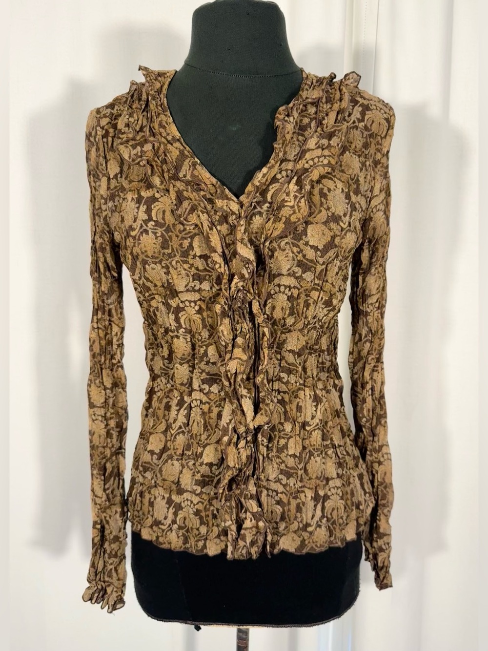 Y2K Axcess Brown Floral Ruffle Blouse
